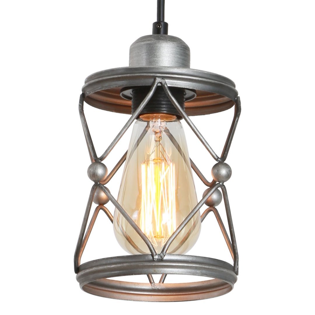 Rustic Silver Mini Cage Pendant Light – Adjustable Farmhouse Fixture
